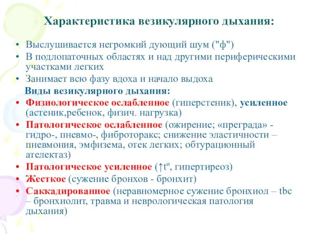 Характеристика везикулярного дыхания: Выслушивается негромкий дующий шум ("ф") В подлопаточных