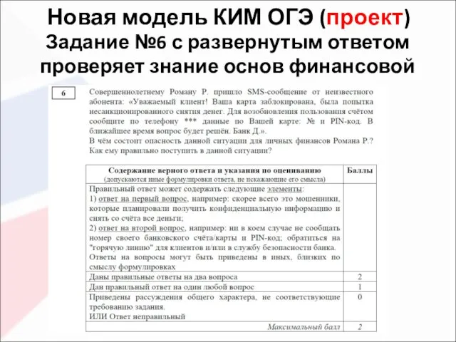 Новая модель КИМ ОГЭ (проект) Задание №6 с развернутым ответом проверяет знание основ финансовой грамотности