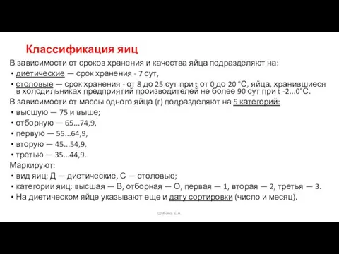 Классификация яиц В зависимости от сроков хранения и каче­ства яйца