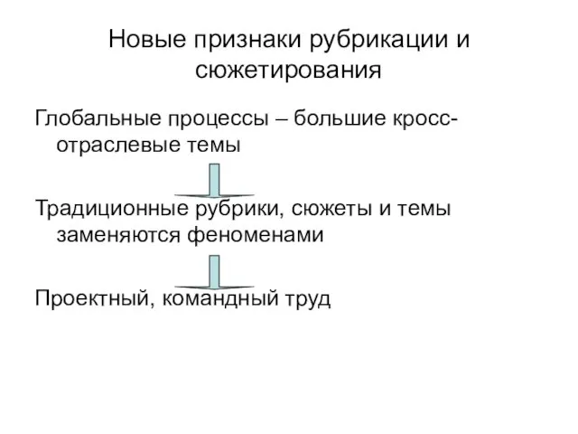 Новые признаки рубрикации и сюжетирования Глобальные процессы – большие кросс-отраслевые