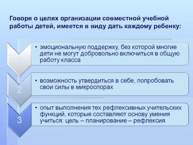 Говоря о целях организации совместной учебной работы детей, имеется в виду дать каждому ребенку: