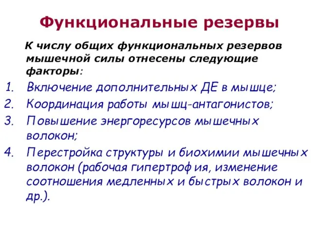 Функциональные резервы К числу общих функциональных резервов мышечной силы отнесены