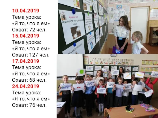 10.04.2019 Тема урока: «Я то, что я ем» Охват: 72