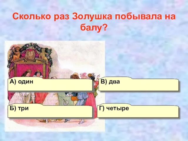 А) один В) два Г) четыре Б) три Сколько раз Золушка побывала на балу?