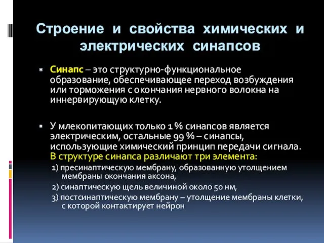 Строение и свойства химических и электрических синапсов Синапс – это