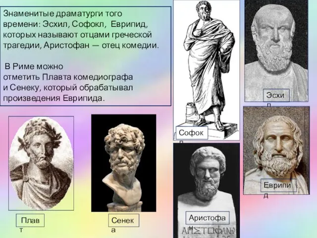 Знаменитые драматурги того времени: Эсхил, Софокл, Еврипид, которых называют отцами греческой трагедии, Аристофан