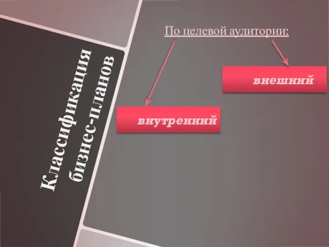 Классификация бизнес-планов По целевой аудитории: внутренний внешний