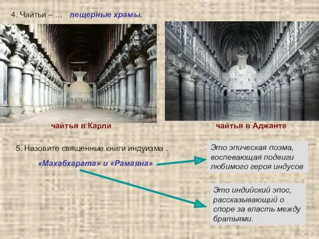 4. Чайтьи – … пещерные храмы. чайтья в Карли чайтья в Аджанте 5.