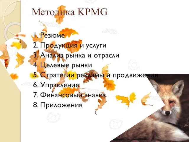 Методика KPMG 1. Резюме 2. Продукция и услуги 3. Анализ рынка и отрасли