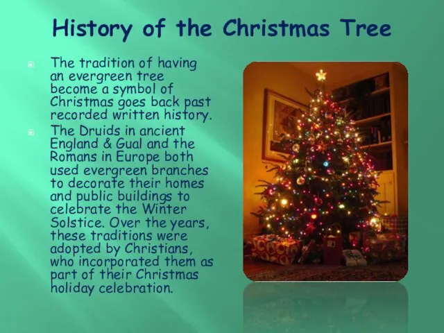 History of the Christmas Tree The tradition of having an