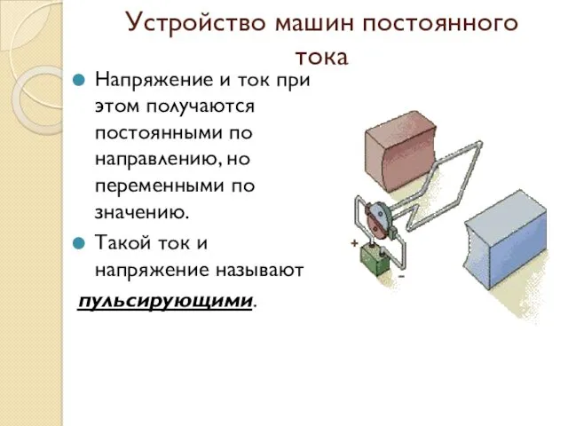 Устройство машин постоянного тока Напряжение и ток при этом получаются