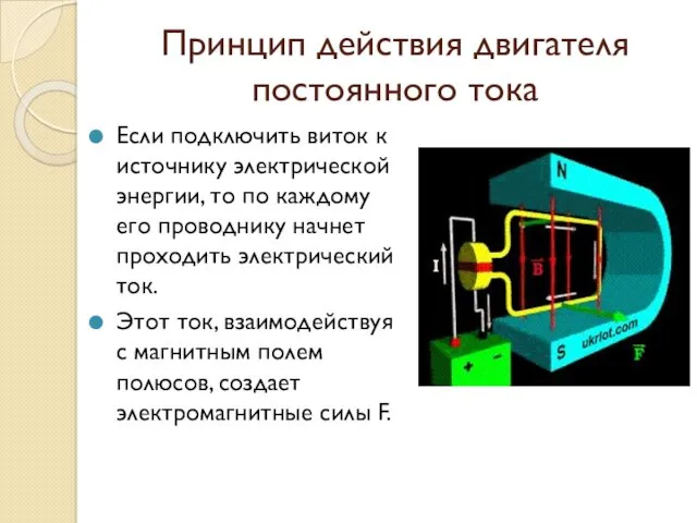 Принцип действия двигателя постоянного тока Если подключить виток к источнику