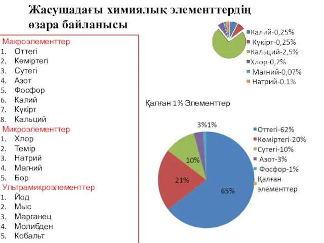 Жасушадағы химиялық элементтердің өзара байланысы Макроэлементтер Оттегі Көміртегі Сутегі Азот