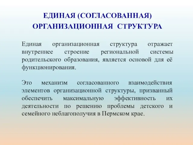 ЕДИНАЯ (СОГЛАСОВАННАЯ) ОРГАНИЗАЦИОННАЯ СТРУКТУРА Единая организационная структура отражает внутреннее строение