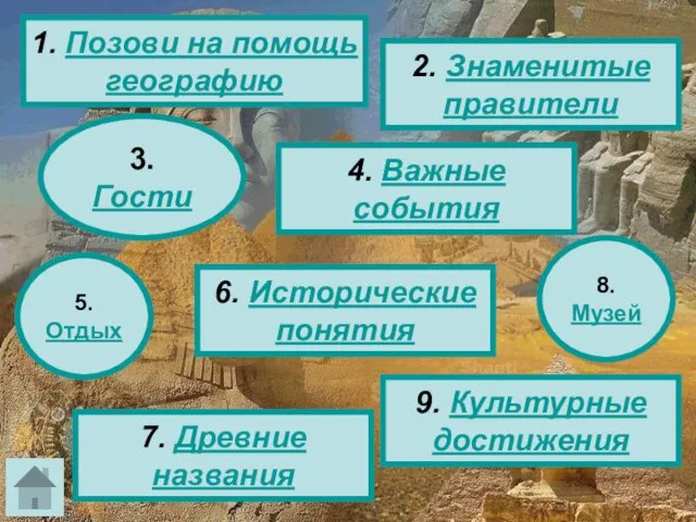 2. Знаменитые правители 6. Исторические понятия 4. Важные события 9.