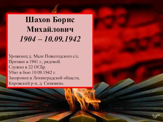 Шахов Борис Михайлович 1904 – 10.09.1942 Уроженец д. Мале Пожегодского