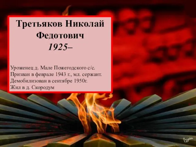 Третьяков Николай Федотович 1925– Уроженец д. Мале Пожегодского с/с. Призван