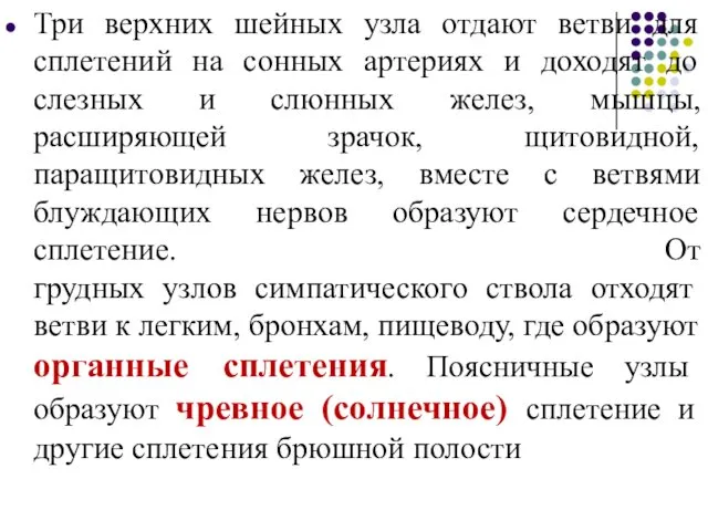 Три верхних шейных узла отдают ветви для сплетений на сонных