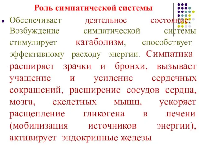 Роль симпатической системы Обеспечивает деятельное состояние. Возбуждение симпатической системы стимулирует