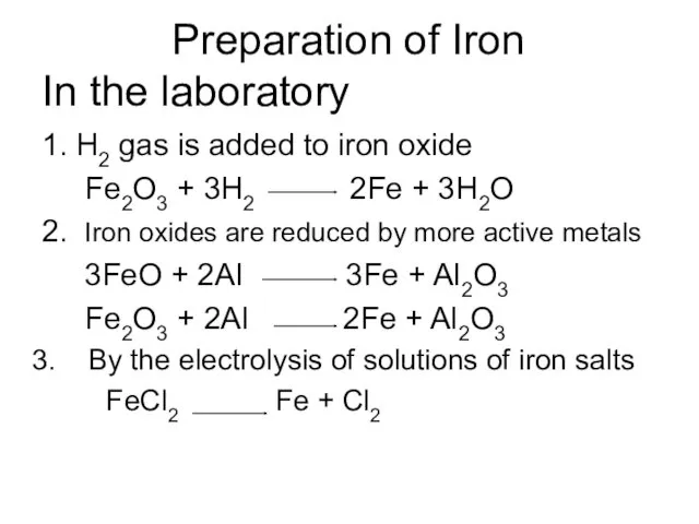 Preparation of Iron In the laboratory 1. H2 gas is