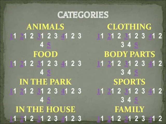 CATEGORIES ANIMALS 11 21 2 31 2 3 41 2