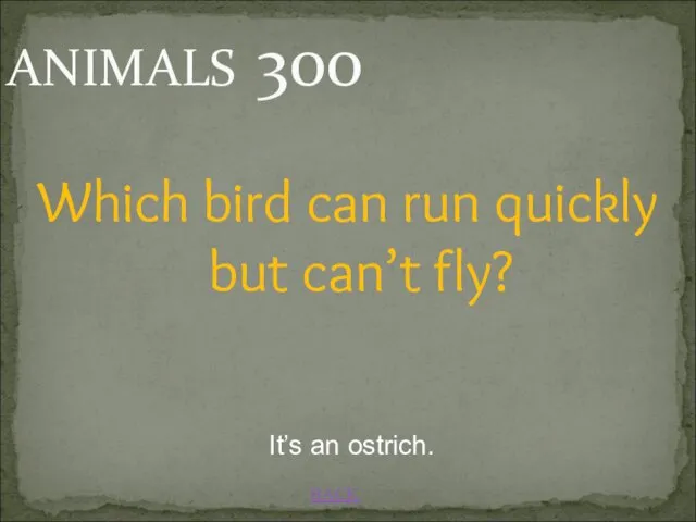 BACK Which bird can run quickly but can’t fly? ANIMALS 300 It’s an ostrich.