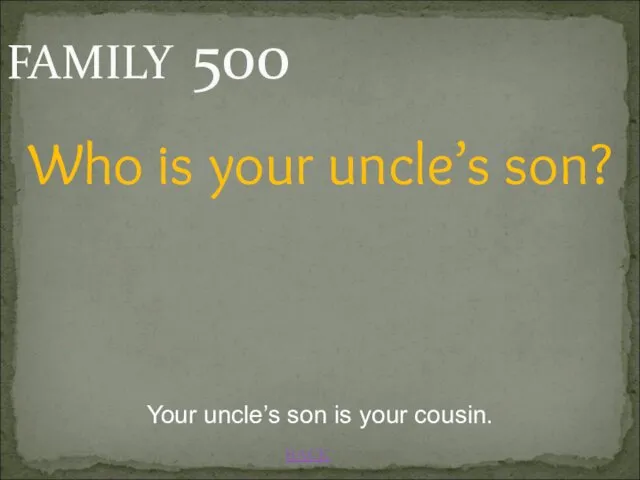 BACK FAMILY 500 Your uncle’s son is your cousin. Who is your uncle’s son?