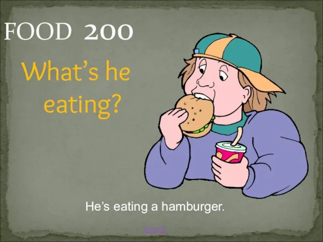 BACK He’s eating a hamburger. FOOD 200 What’s he eating?