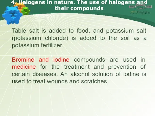 4. Halogens in nature. The use of halogens and their