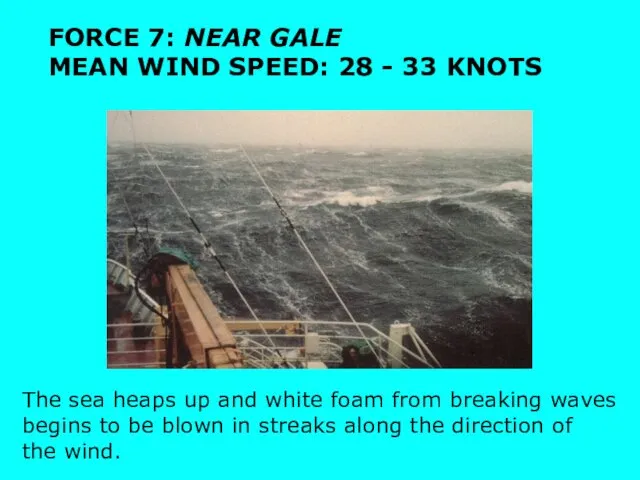 FORCE 7: NEAR GALE MEAN WIND SPEED: 28 - 33