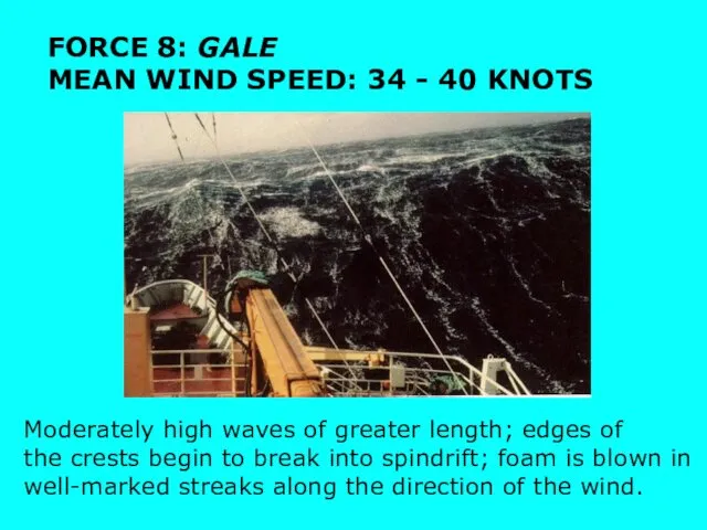 FORCE 8: GALE MEAN WIND SPEED: 34 - 40 KNOTS