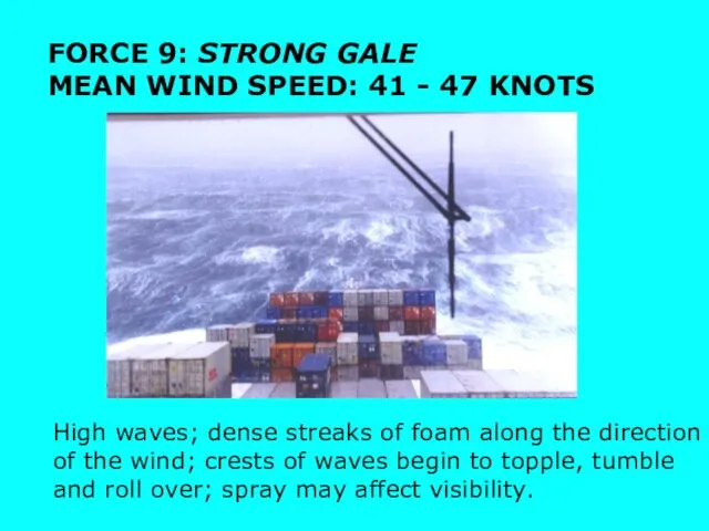 FORCE 9: STRONG GALE MEAN WIND SPEED: 41 - 47