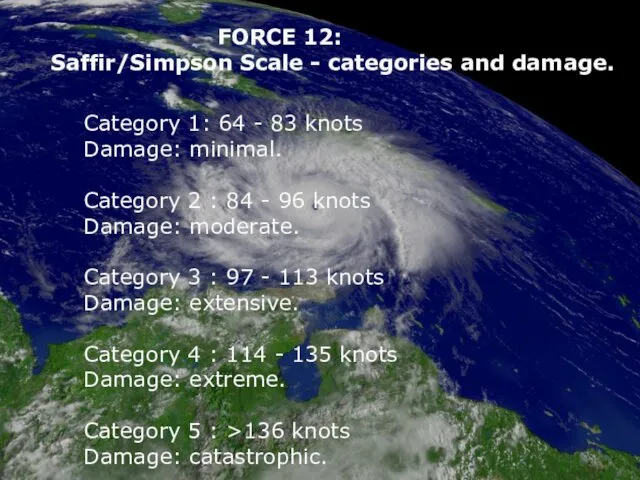 FORCE 12: Saffir/Simpson Scale - categories and damage. Category 1: