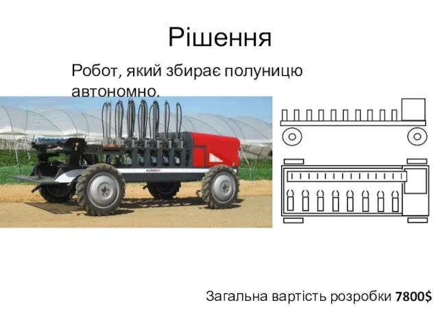 Рішення Загальна вартість розробки 7800$ Робот, який збирає полуницю автономно.