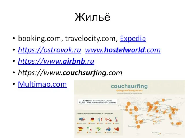 Жильё booking.com, travelocity.com, Expedia https://ostrovok.ru www.hostelworld.com https://www.airbnb.ru https://www.couchsurfing.com Multimap.com