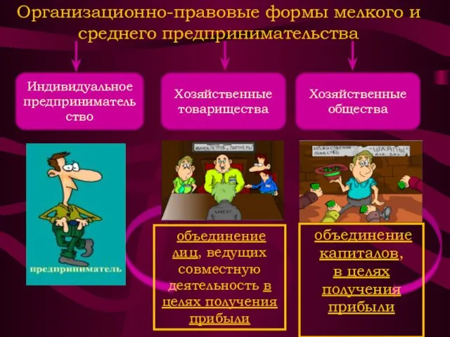 Организационно-правовые формы мелкого и среднего предпринимательства Индивидуальное предпринимательство Хозяйственные товарищества