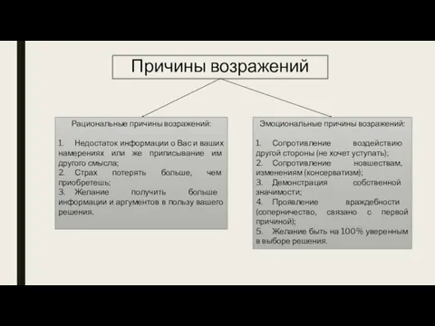 Причины возражений Рациональные причины возражений: 1. Недостаток информации о Вас