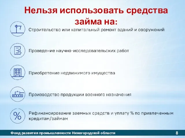 Нельзя использовать средства займа на: Фонд развития промышленности Нижегородской области