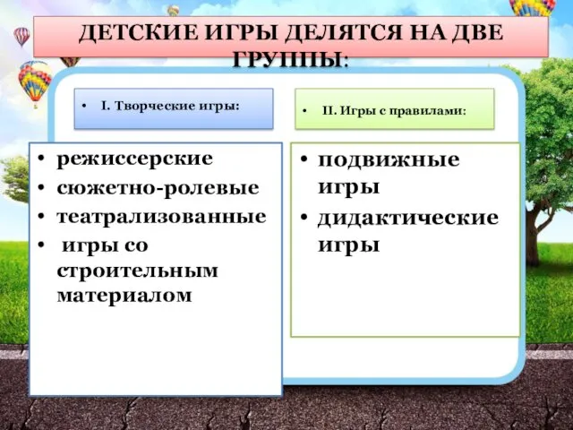 ДЕТСКИЕ ИГРЫ ДЕЛЯТСЯ НА ДВЕ ГРУППЫ: I. Творческие игры: II.