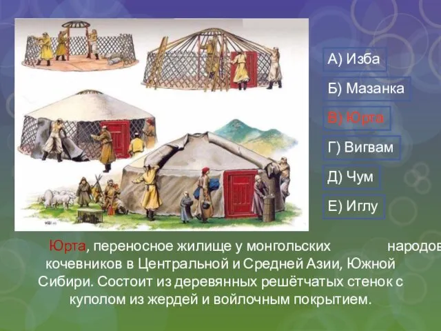 Юрта, переносное жилище у монгольских народов-кочевников в Центральной и Средней Азии, Южной Сибири.