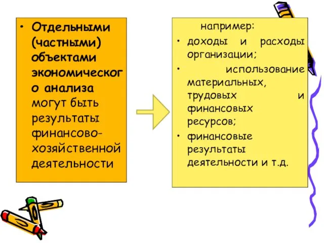 Отдельными (частными) объектами экономического анализа могут быть результаты финансово-хозяйственной деятельности