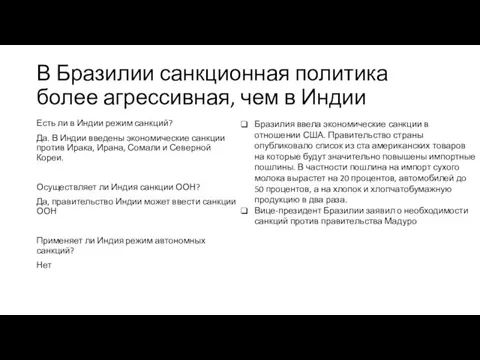 В Бразилии санкционная политика более агрессивная, чем в Индии Есть