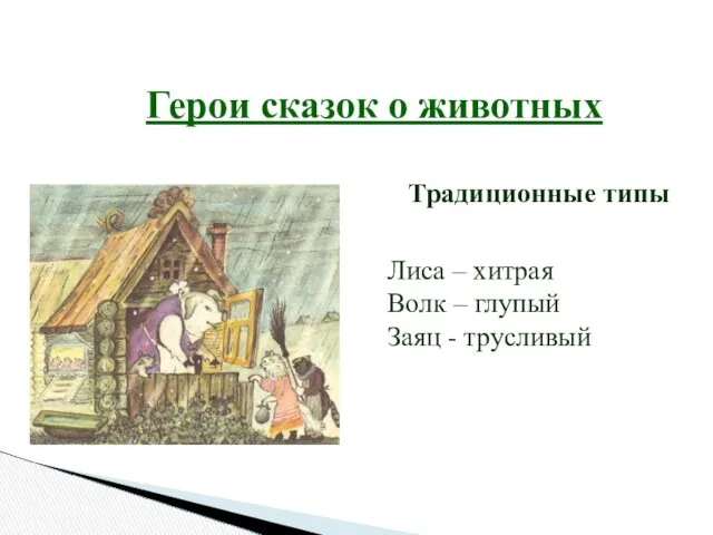 Герои сказок о животных Традиционные типы Лиса – хитрая Волк – глупый Заяц - трусливый