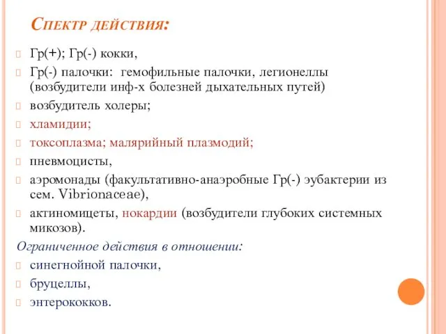 Спектр действия: Гр(+); Гр(-) кокки, Гр(-) палочки: гемофильные палочки, легионеллы