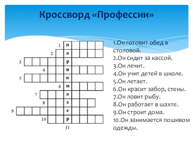 Кроссворд «Профессии» 1.Он готовит обед в столовой. 2.Он сидит за