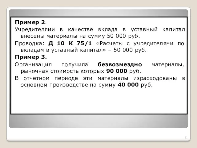 Пример 2. Учредителями в качестве вклада в уставный капитал внесены