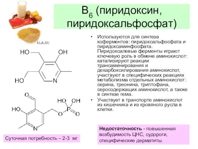 В6 (пиридоксин, пиридоксальфосфат) Используются для синтеза коферментов: пиридоксальфосфата и пиридоксаминфосфата.