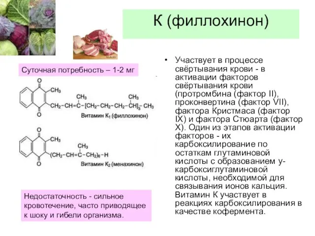 К (филлохинон) Участвует в процессе свёртывания крови - в активации