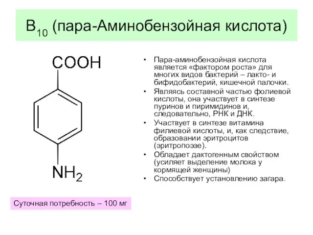 В10 (пара-Аминобензойная кислота) Пара-аминобензойная кислота является «фактором роста» для многих