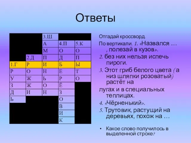 Ответы Отгадай кроссворд. По вертикали. 1. «Назвался … , полезай